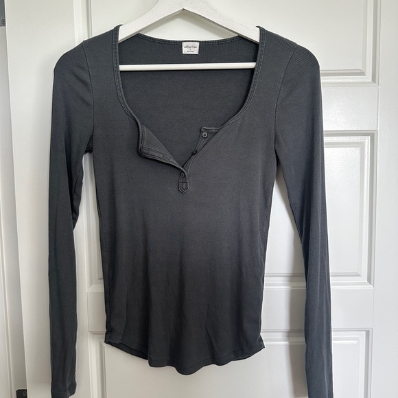 Wilfred Charcoal Ribbed Button Front Long Sleeve Blouse - Picture 1 of 2